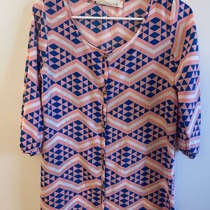 Peach Love California Pink and Blue Geometric Button Shirt
